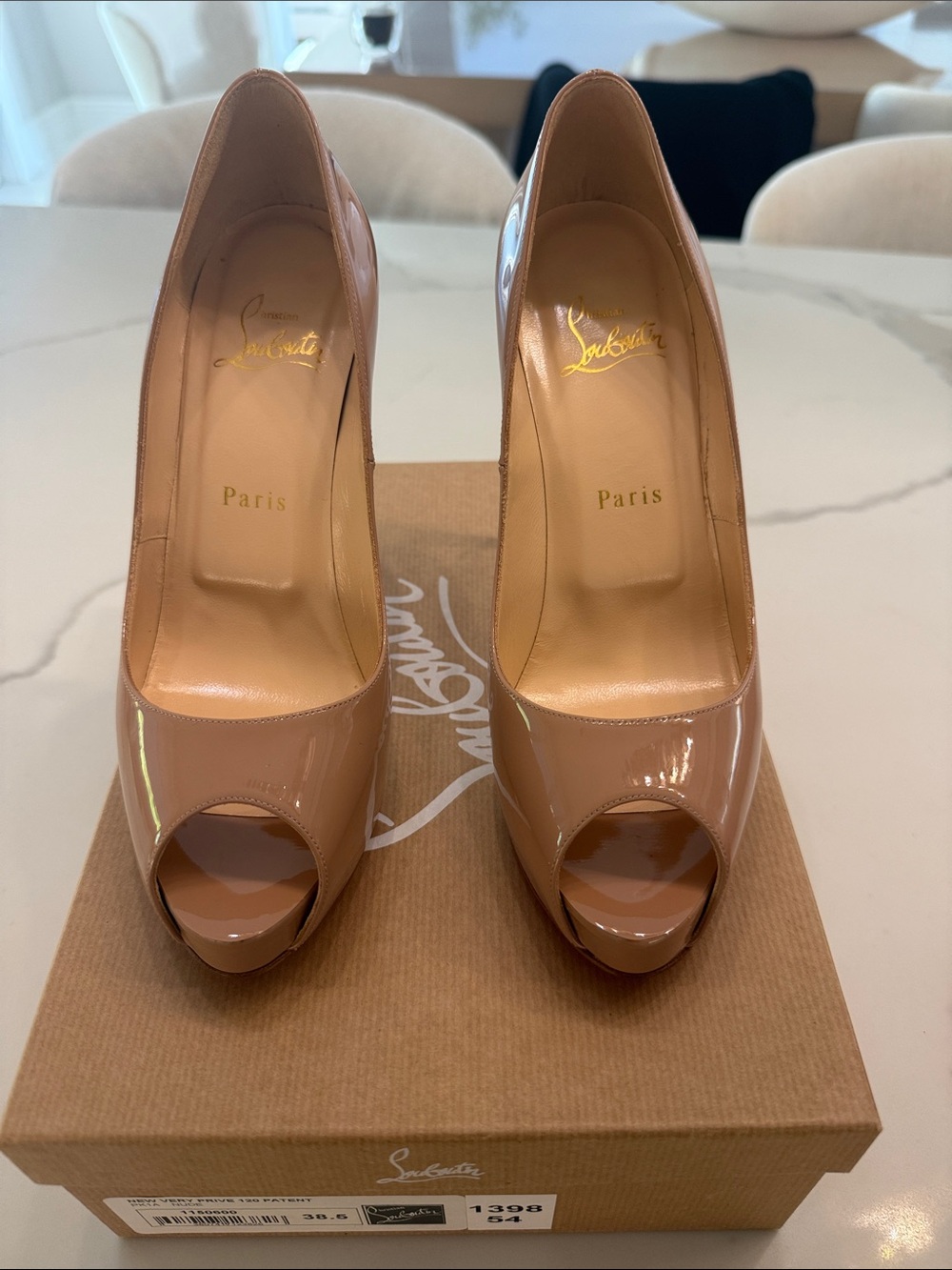 Christian Louboutin Beige Patent Peep-Toe Pumps